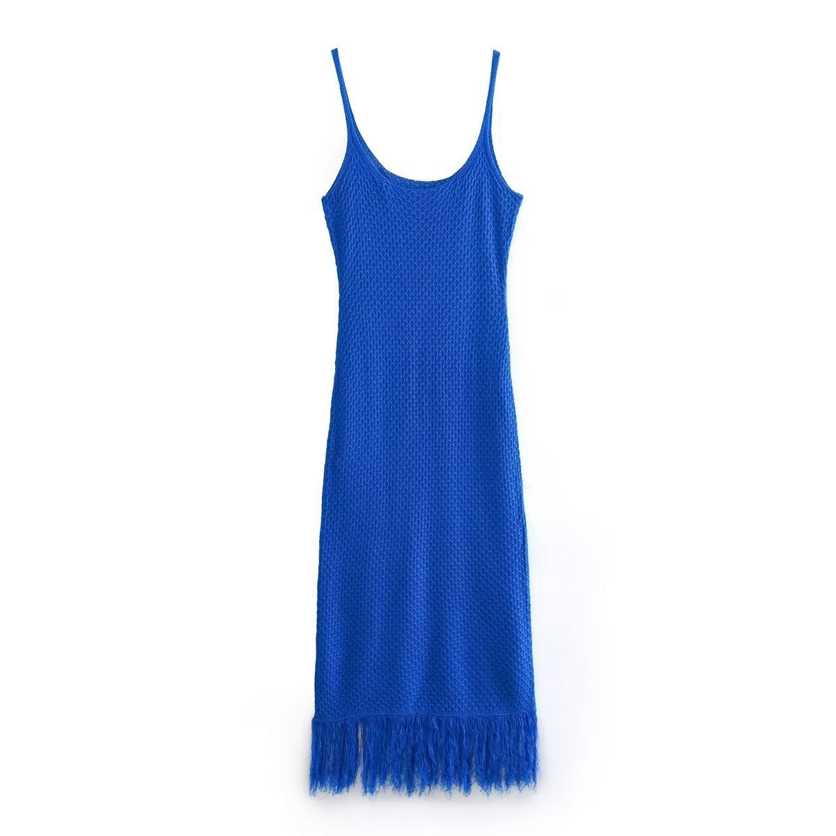 ummer Sexy Dresses Woman Trendy Blue Square Collar Tassel Decorate Sleeveless Pullover Female Knitting Long Dresses