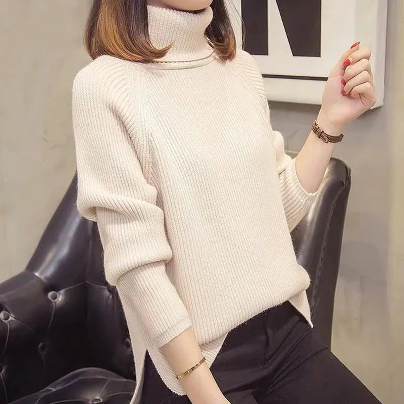 Autumn Winter Women'S High-Neck Knitting Sweater Pullover Female Loose Version Set Thick Warm Shirt Long Sleeves Blue Clothes