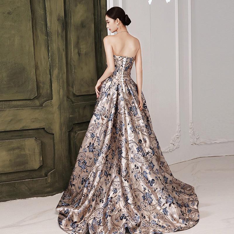 Jacquard Printed Satin With Train Princess Sleeveless Strapless A Line Long Celebrity Prom Ball Gowns