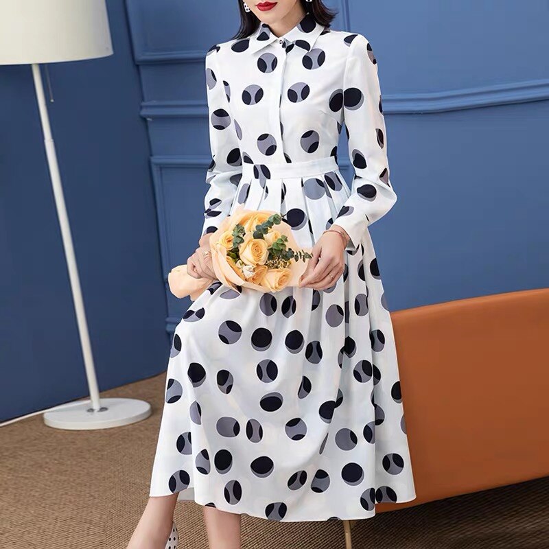 Celebrity stylish turn down collar polka dot white elegant midi dresses fashion robe Office Lady clothing OL dress