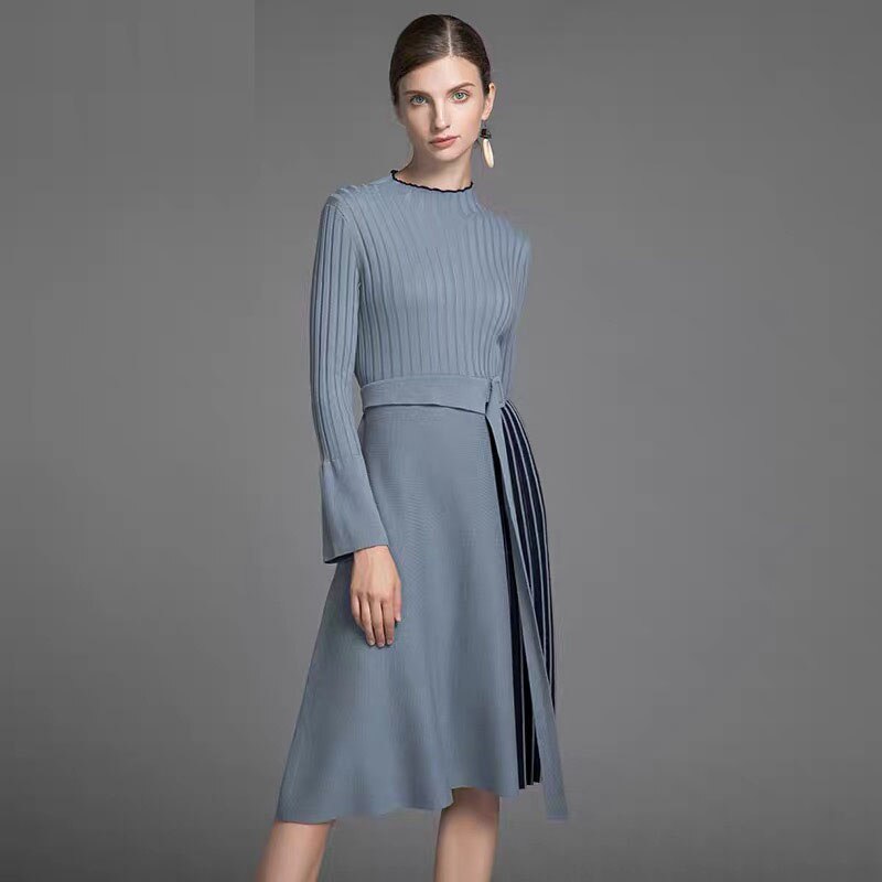 Elegant Lady Midi Dress Patchwork Striped Blue Flare Long Sleeve Office Lady Robe Dresses Autumn Winter Plus Size