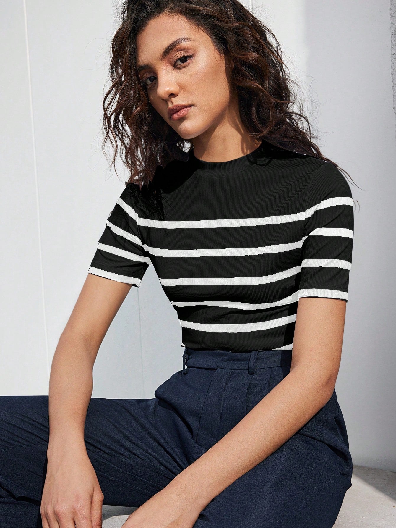 SHEIN Bizwear Ribbed Casual Short Sleeve T-Shirt