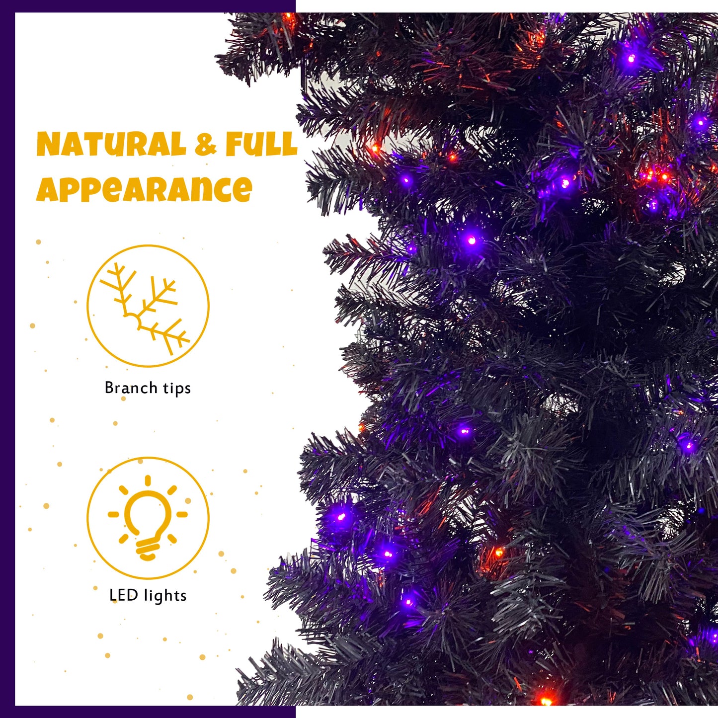 6FT artificial fir curved top Halloween tree, with 1080 lush branch tips and 300 LED lights in a Christmas and Halloween style