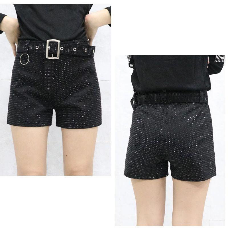 Heavy Industry Hot Diamond High Waist Shorts Womens New Network Red Versatile Diamond Belt Wide Leg Pants Black Shorts Fashion