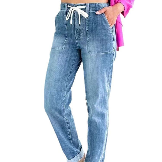 Spring and Autumn Jeans Women's Loose Harlan Pants Elastic Waist Versatile Casual Straight leg Pants