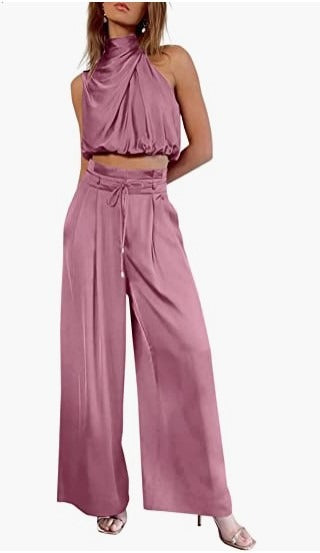 Women's 2-piece set, summer casual sleeveless collar exposed navel top, wide leg pants set