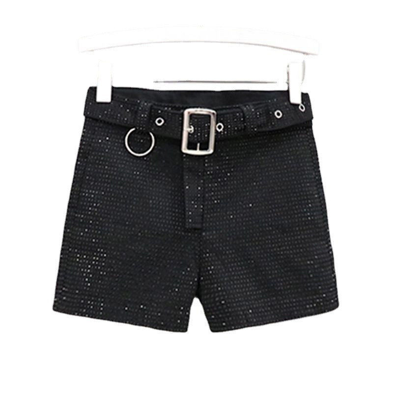 Heavy Industry Hot Diamond High Waist Shorts Womens New Network Red Versatile Diamond Belt Wide Leg Pants Black Shorts Fashion