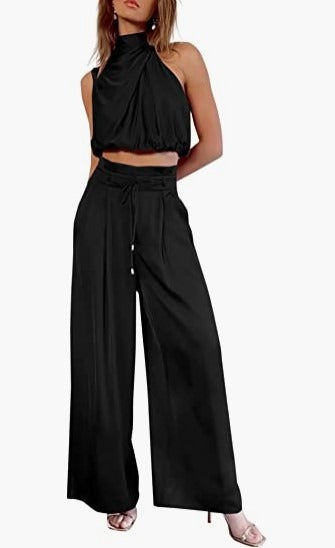 Women's 2-piece set, summer casual sleeveless collar exposed navel top, wide leg pants set