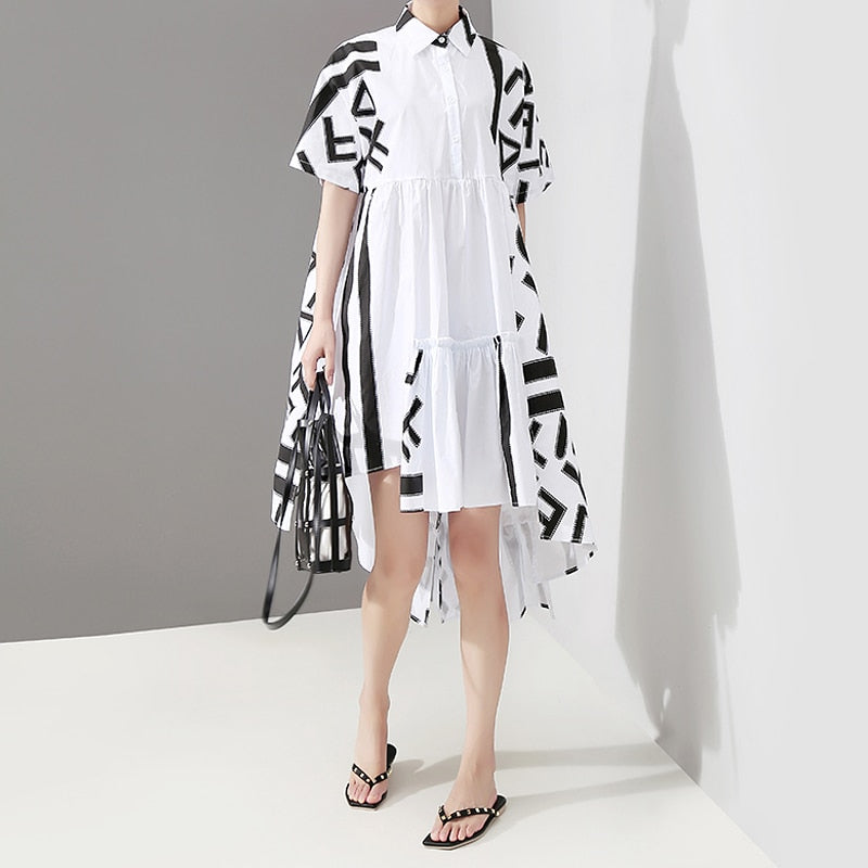 New Geometric Printed Woman Summer Stylish White Midi Shirt Dress Big Size Lapel Lady Streetwear Casual Dresses Robe Style