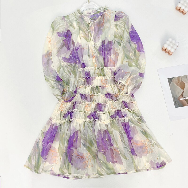 Tingfly Lady Girl Summer Casual Purple Floral Print Streetwear Chic Mini Short Dresses Ruched A Line Trendy Flowy Chiffon Dress