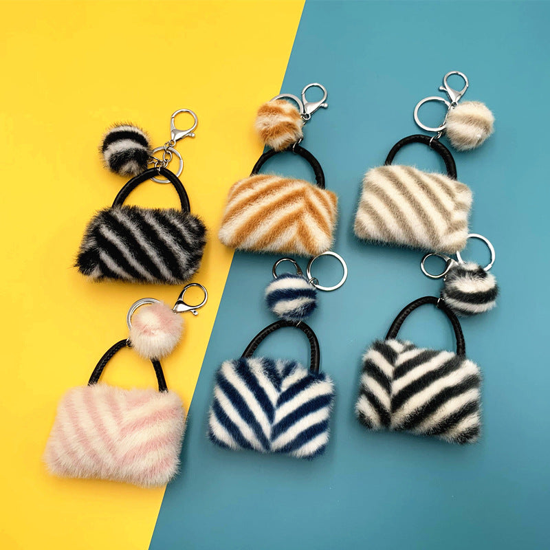 Coin Purse Keychain Cute Lady Bag Shape Plush Car Pendant Striped Ornament Small Gift Keychain