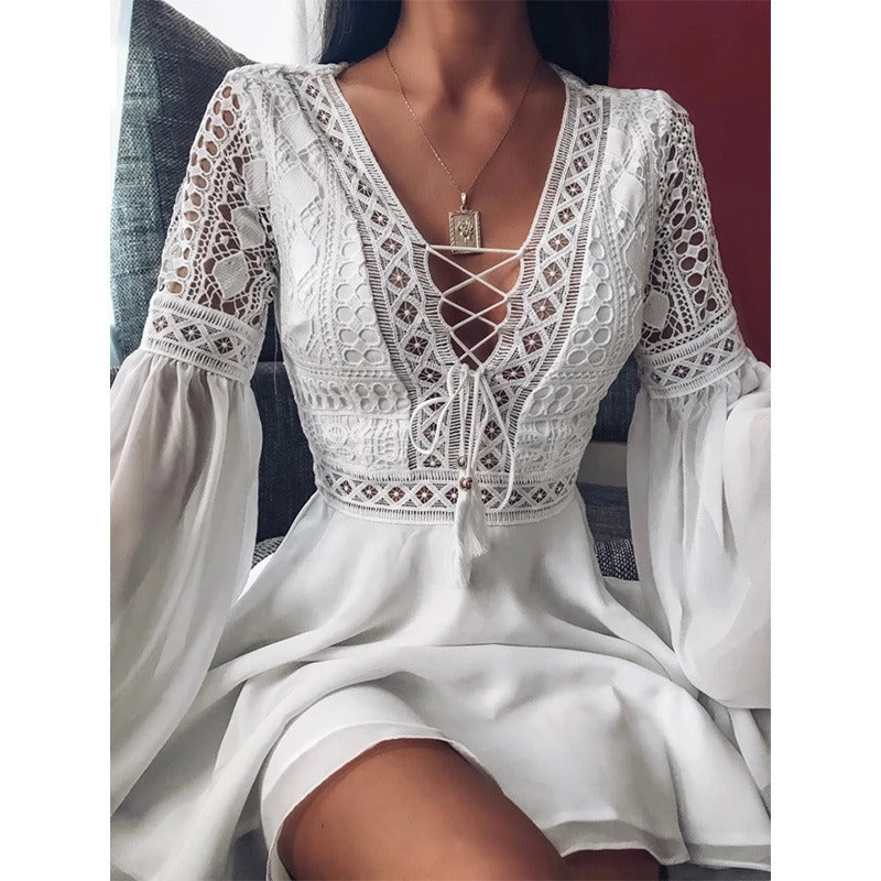 Long sleeved V-neck lace up hollowed out dress