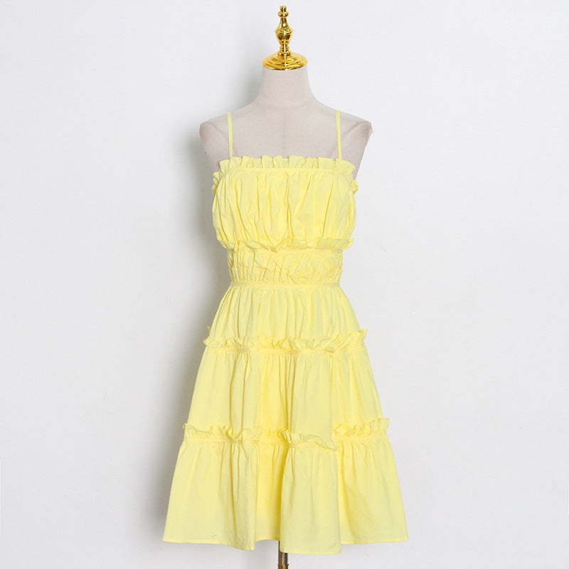 Pastoral Lady Suspender Skirt Summer New Pleated Splicing Waist Short A-Line Temperament Dress