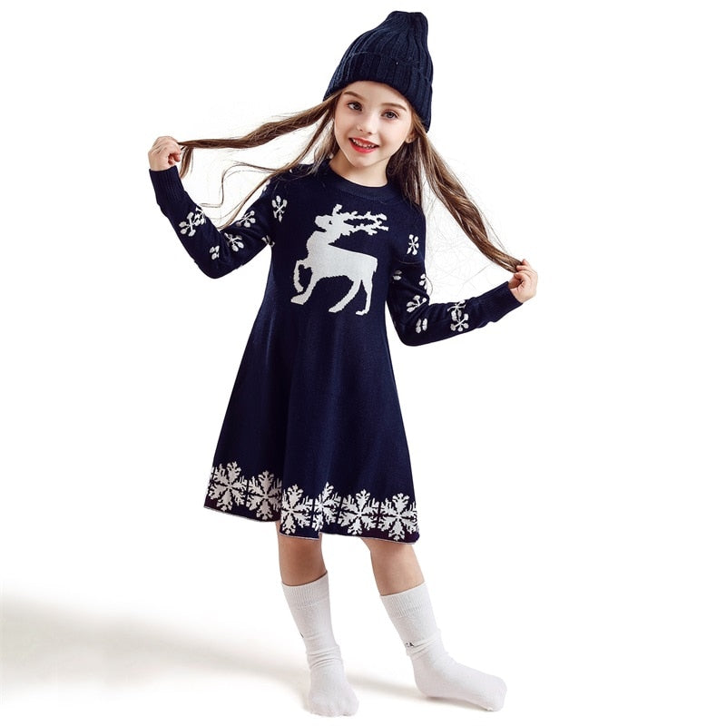 Kids Dresses For Girls Long Sleeve Deer Snowflake Print Dress New Year Costume Princess Dress Kids Christmas Clothes Vestidos