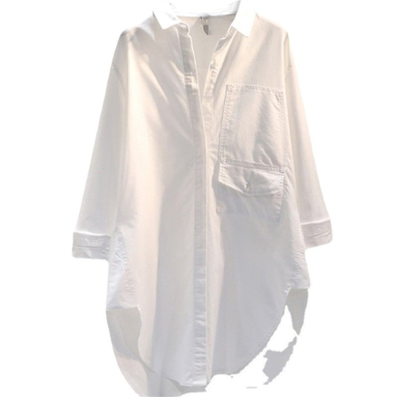 Design Sense White Fashion Front Short Back Long Shirt Women's  Spring And Autumn New Korean Loose Fashion Casual Shirt