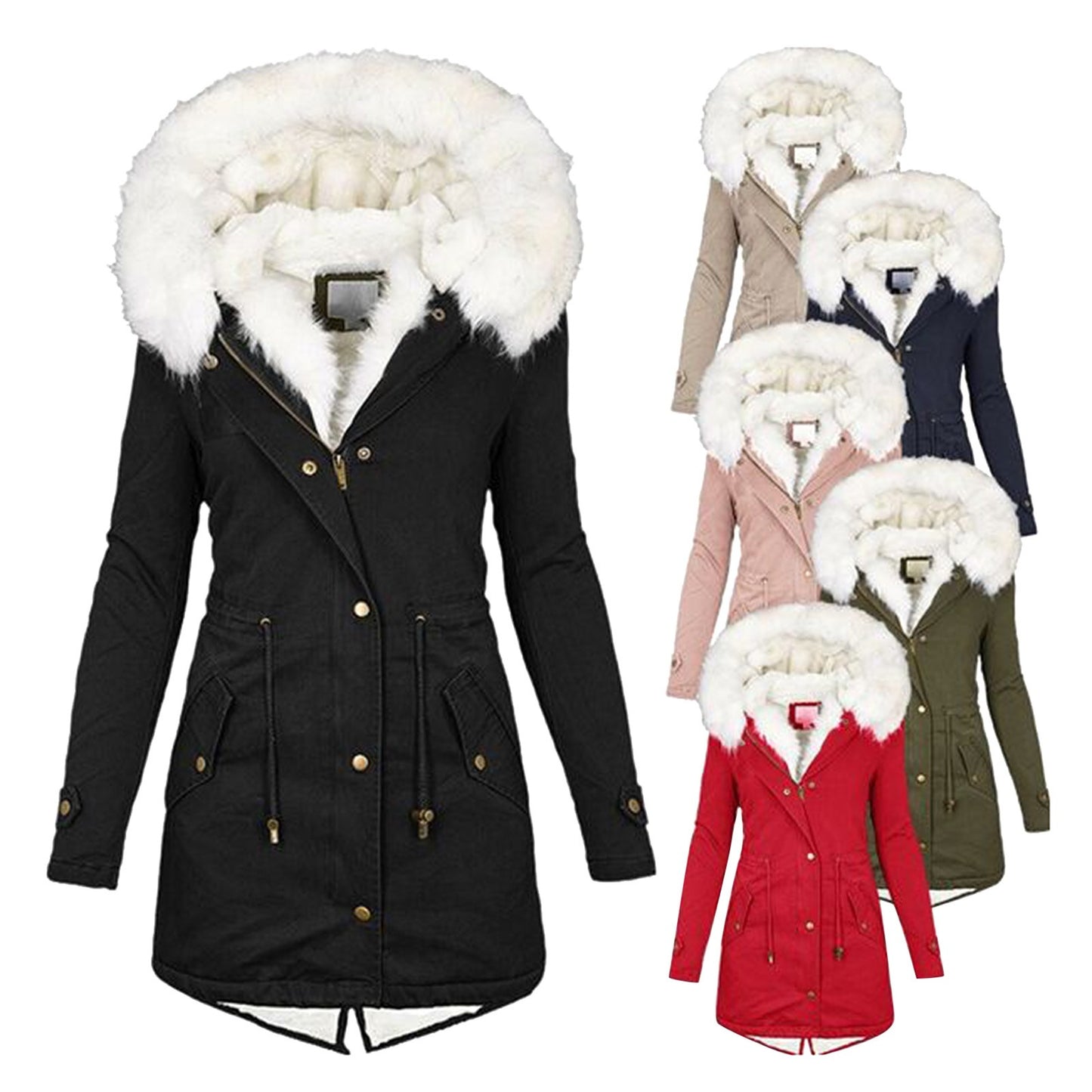 Autumn and winter mid length windbreaker with white fur collar hooded warm plush women's coat