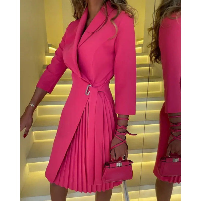 V-neck fashion tie waist cinched middle sleeve pleated dress