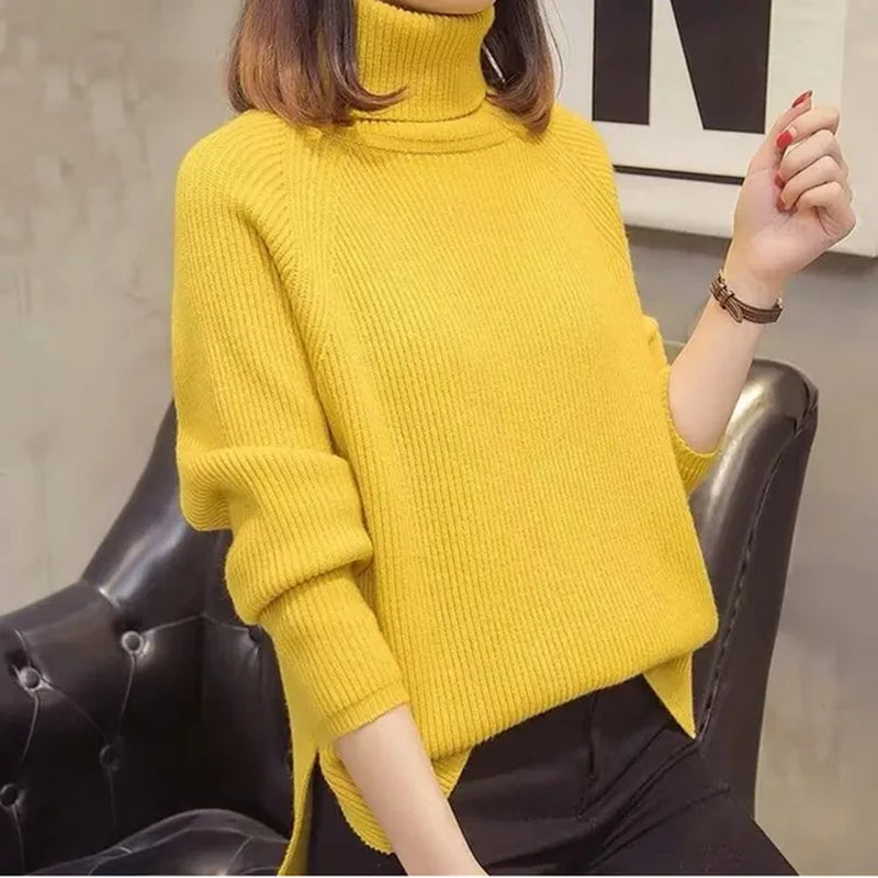 Autumn Winter Women'S High-Neck Knitting Sweater Pullover Female Loose Version Set Thick Warm Shirt Long Sleeves Blue Clothes