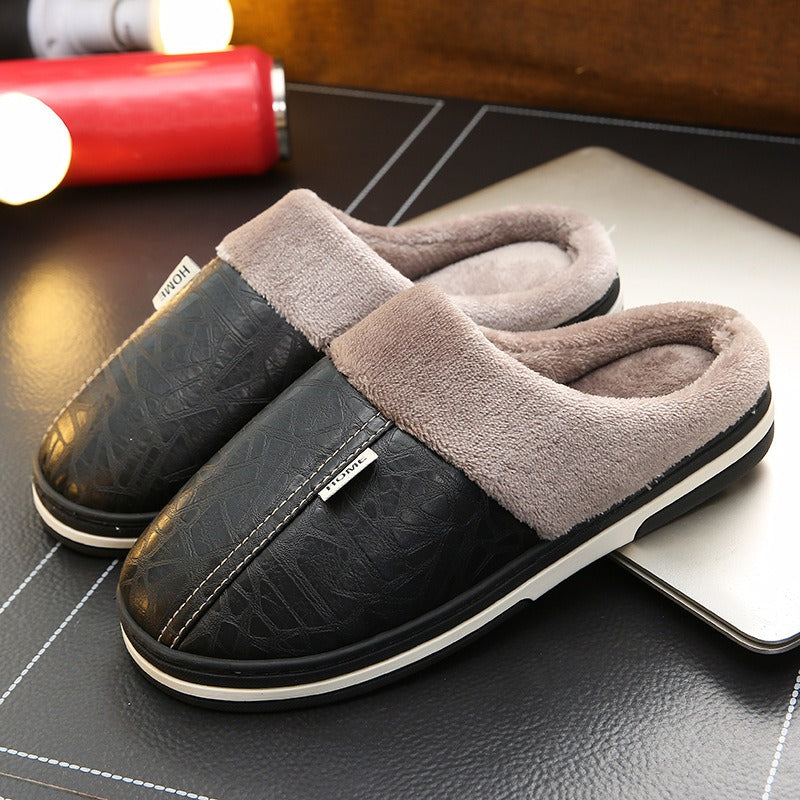 Cotton slippers in large size, winter waterproof home for couples, indoor anti slip and warm, men's external wear, women's soft soled PU leather slippers