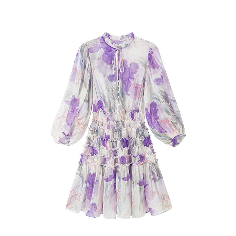 Tingfly Lady Girl Summer Casual Purple Floral Print Streetwear Chic Mini Short Dresses Ruched A Line Trendy Flowy Chiffon Dress