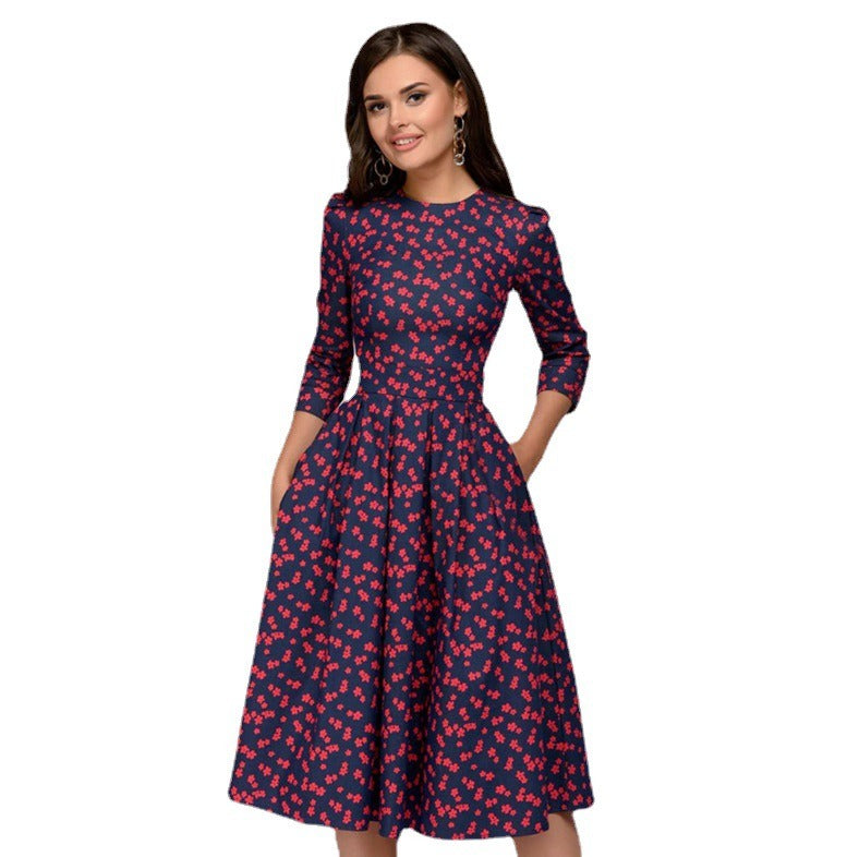 Retro Small Fragmented Flower 3/4 Sleeve Round Neck Dress