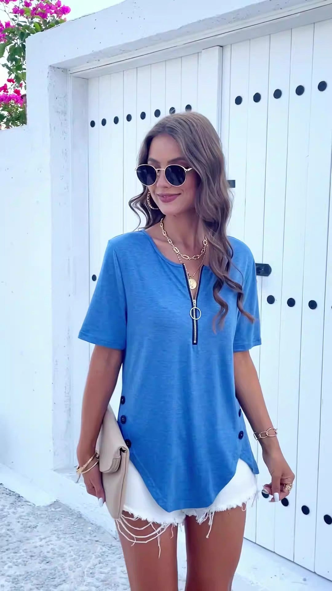 Casual women's spring summer casual solid color short-sleeved top