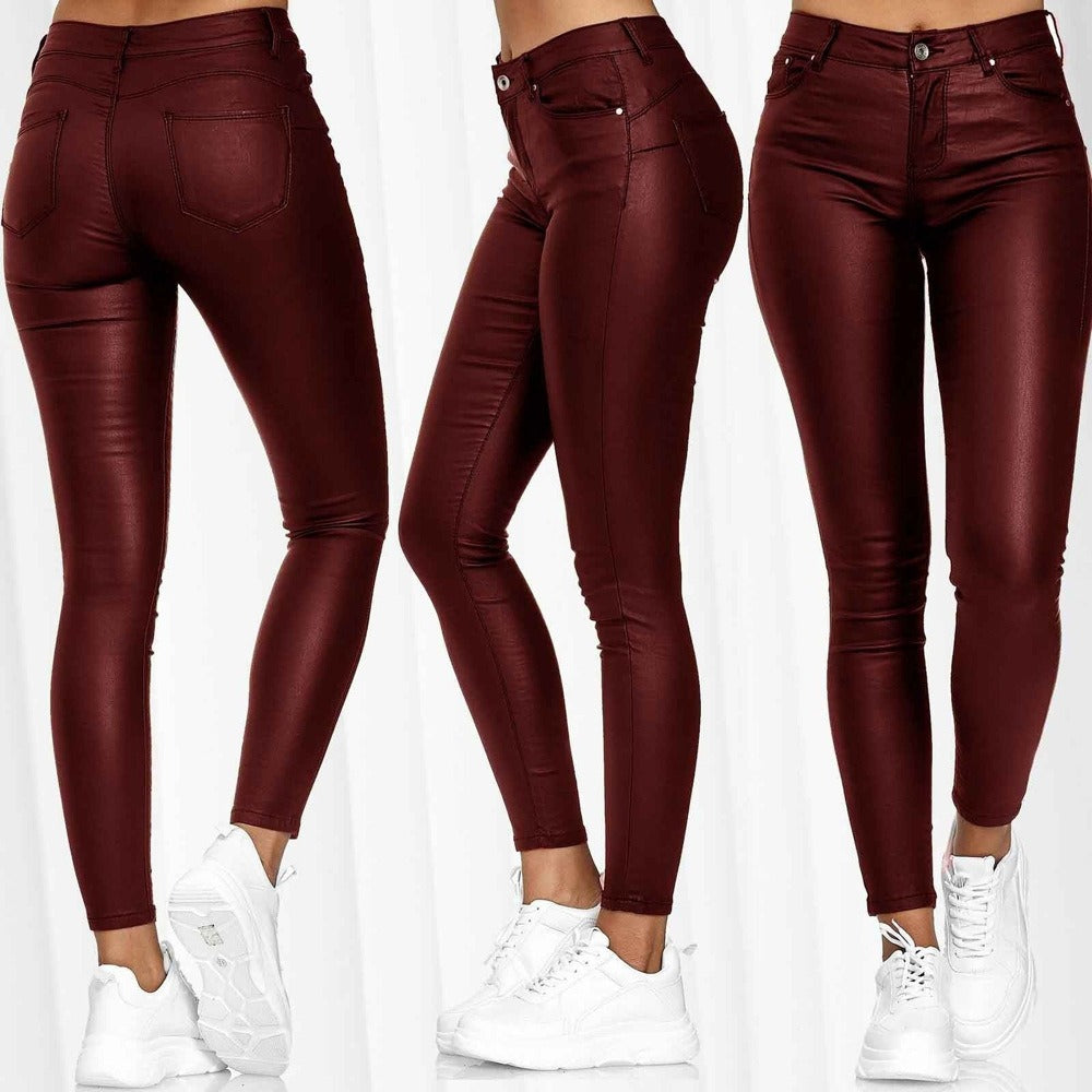 Fashionable high waisted solid leather casual pants and leather pants