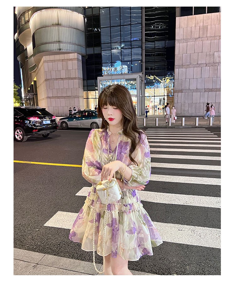 Tingfly Lady Girl Summer Casual Purple Floral Print Streetwear Chic Mini Short Dresses Ruched A Line Trendy Flowy Chiffon Dress