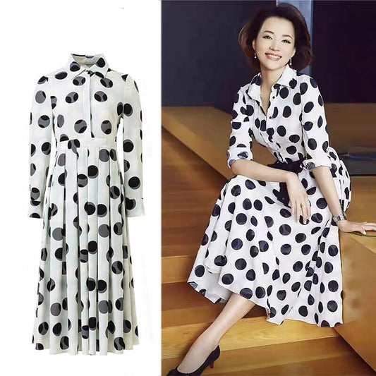 Celebrity stylish turn down collar polka dot white elegant midi dresses fashion robe Office Lady clothing OL dress