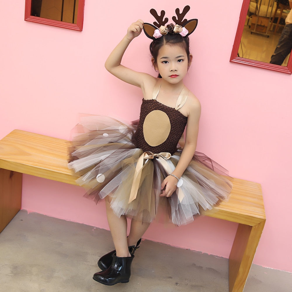 Deer Tutu Dress Baby Girls Dresses for Girls Halloween Costume For Kids Elk Cosplay Christmas Birthday Party Dress With Headband