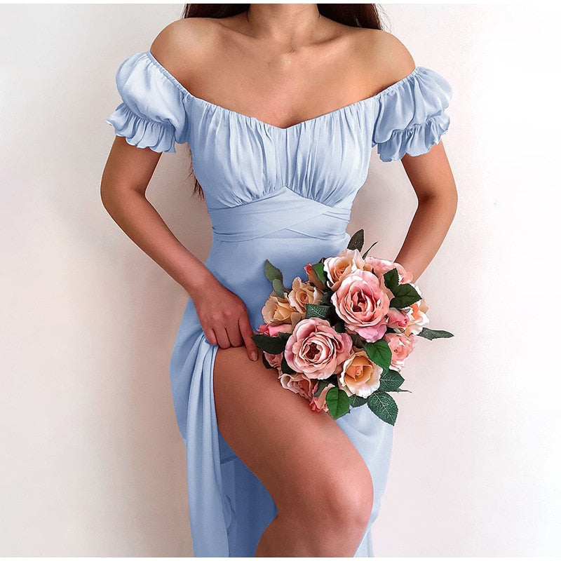 Summer Women's Dress  Sexy Off Shoulder Solid White A-Line High Waist Short Petal Sleeve Elegant Office Lady Dresses Party