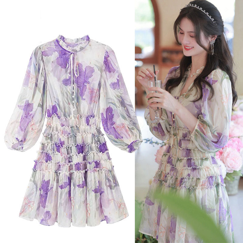 Tingfly Lady Girl Summer Casual Purple Floral Print Streetwear Chic Mini Short Dresses Ruched A Line Trendy Flowy Chiffon Dress