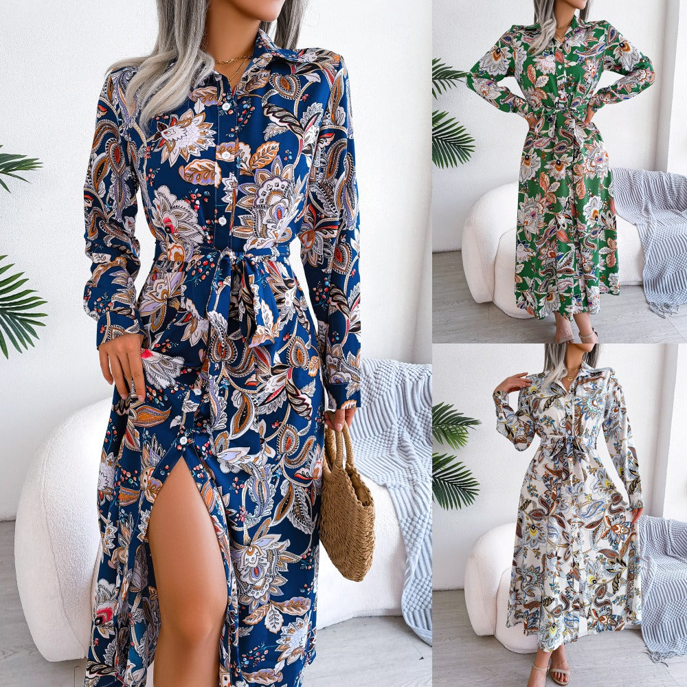 Retro floral lapel tie up shirt skirt