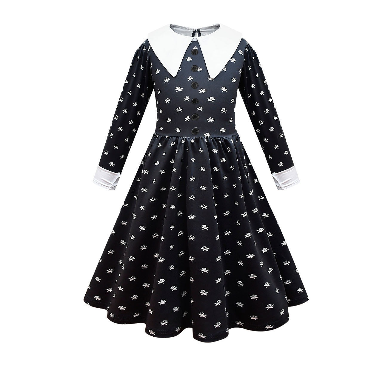 Childrens Long Sleeved Dresses Adams Family Cosplay Girls Lapel Mid Length Dresses