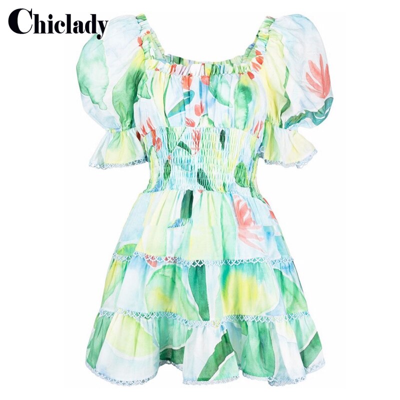 Fashion Vintage Puff Sleeve Summer Green Floral Pattern Mini Dresses Casual Elastic Wait Dresses