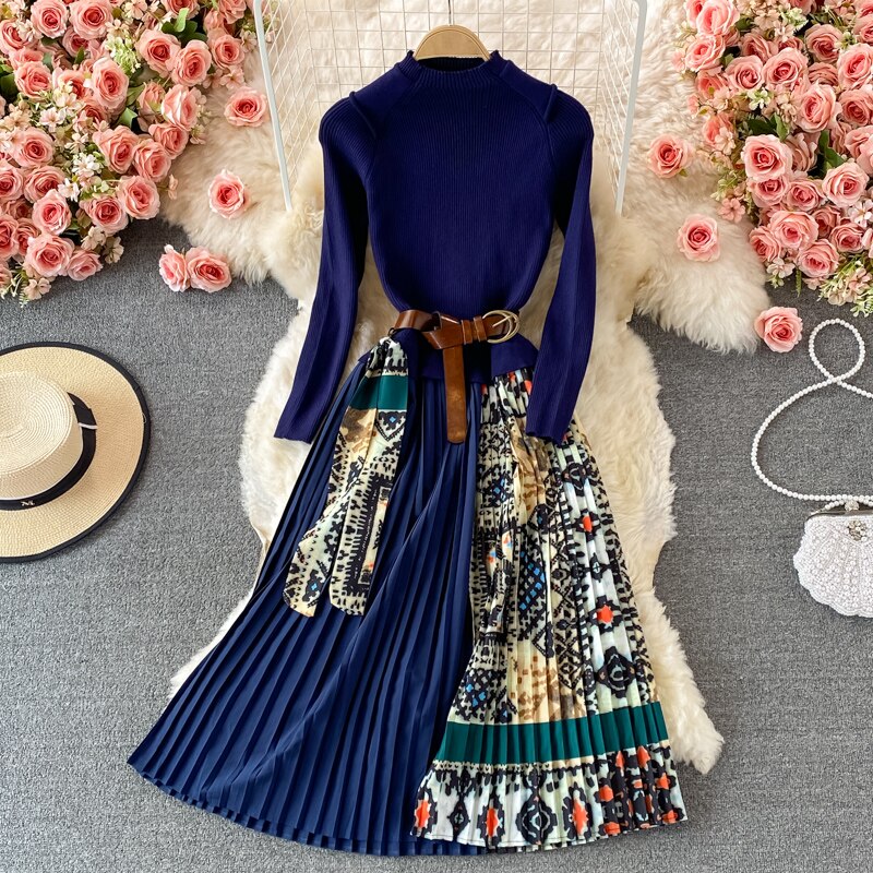 Belt Pleated Dress Summer Casual O Neck A Line Lady Full Dress High Waist Mid Calf Women Sweater Medium Dresses