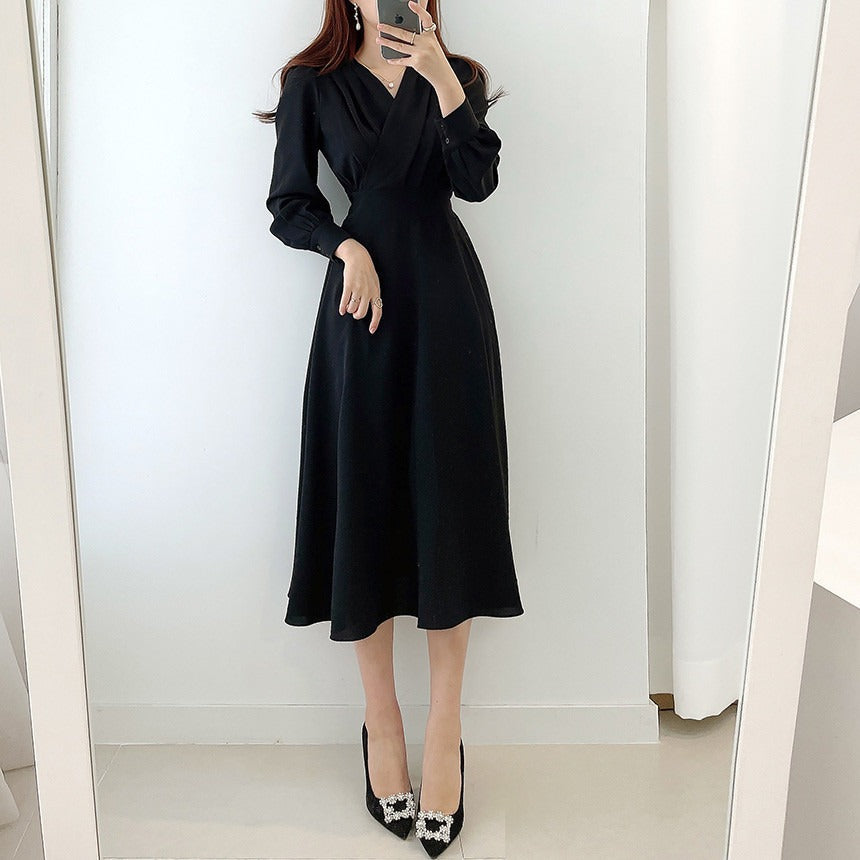 V-neck cross pleated mid length bubble sleeve dress for women