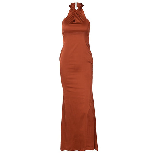 Cross neckline design feels solid color dress