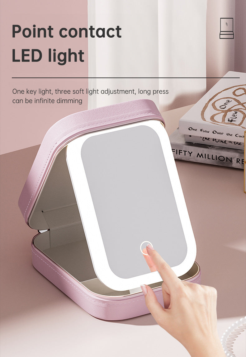 Multi-purpose Portable LED Makeup Mirror Travel Cosmetics Storage Box Smart Touch Vanity Mirror For Girl