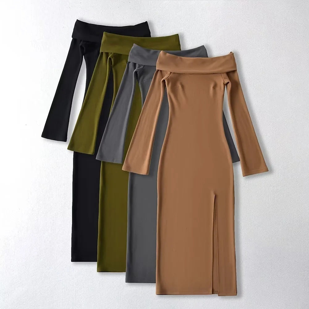 French vintage double-sided aussie fleece one-shoulder dress long sleeves pure slit wrap hip skirt women