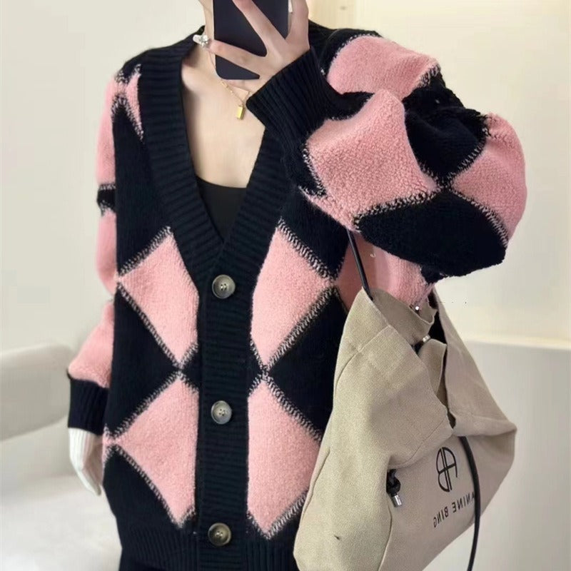 Autumn and winter Korean contrasting color cardigan sweater jacket for women college style long-sleeved button striped loose wear sweater