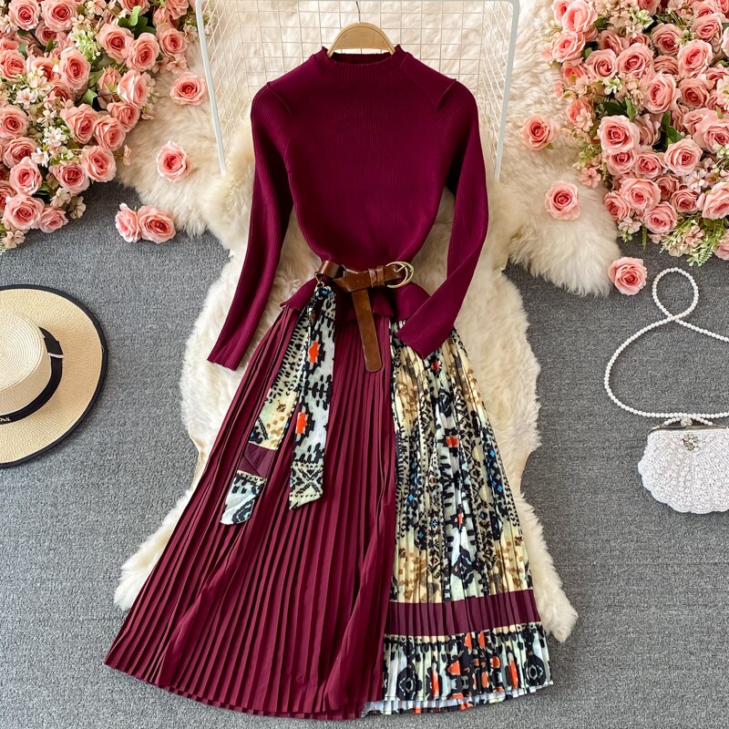 Belt Pleated Dress Summer Casual O Neck A Line Lady Full Dress High Waist Mid Calf Women Sweater Medium Dresses