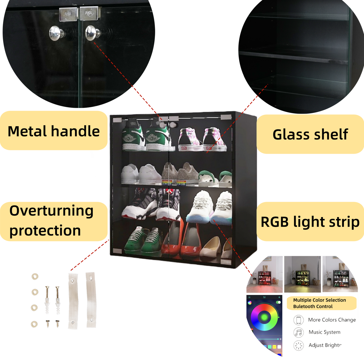 4 Layers Black Shoe Cabinet with Glass Door and Glass Layer Shoes Display Cabinet with LED light Bluetooth Control