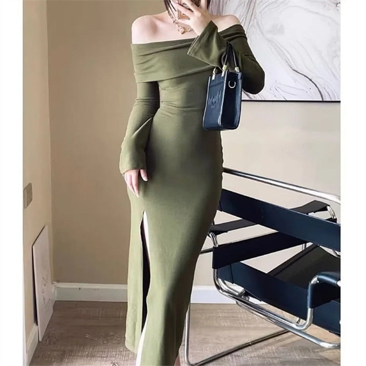 French vintage double-sided aussie fleece one-shoulder dress long sleeves pure slit wrap hip skirt women