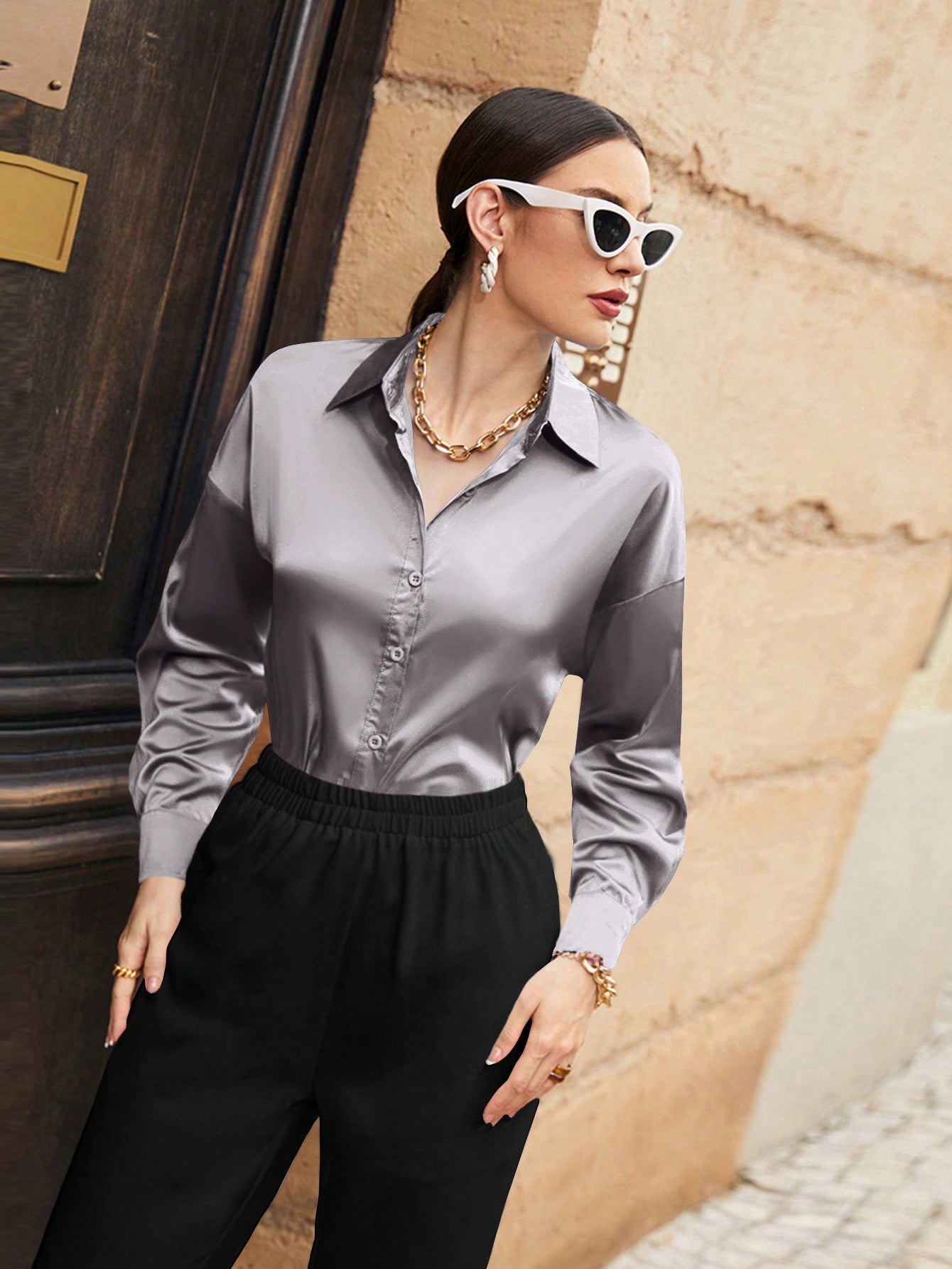 SHEIN Mulvari Solid Color Long Sleeve Casual Shirt