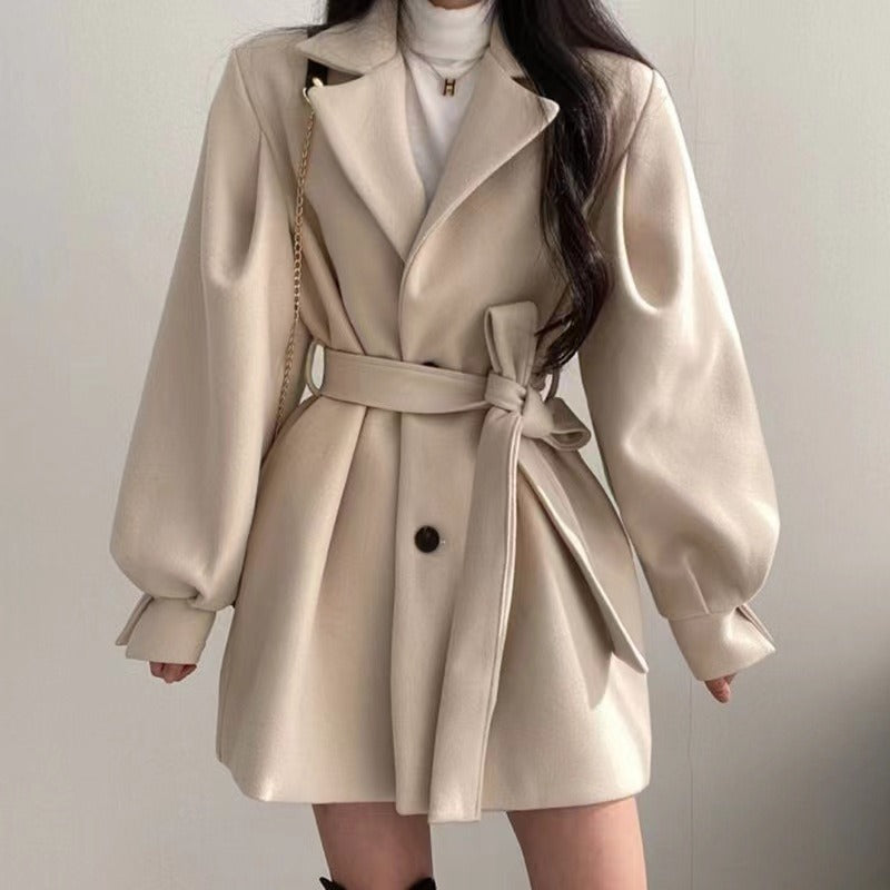 Hepburn style waistband woolen coat for women's autumn and winter lace up woolen coat