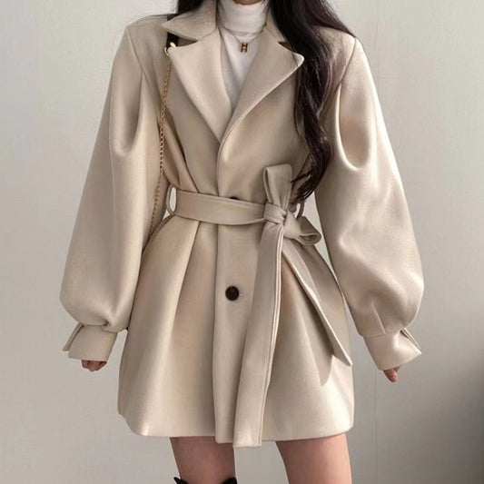 Hepburn style waistband woolen coat for women's autumn and winter lace up woolen coat