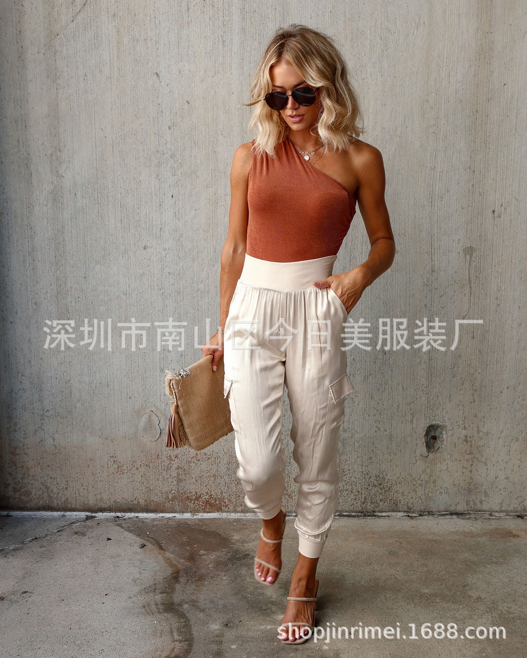 Autumn satin elastic waist pocket fashionable women's long pants casual pants