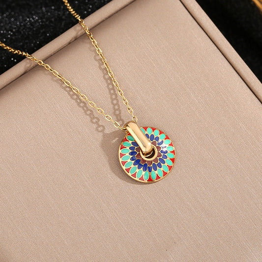 Retro painted daisy patterned titanium steel non fading jewelry set for women's necklaces