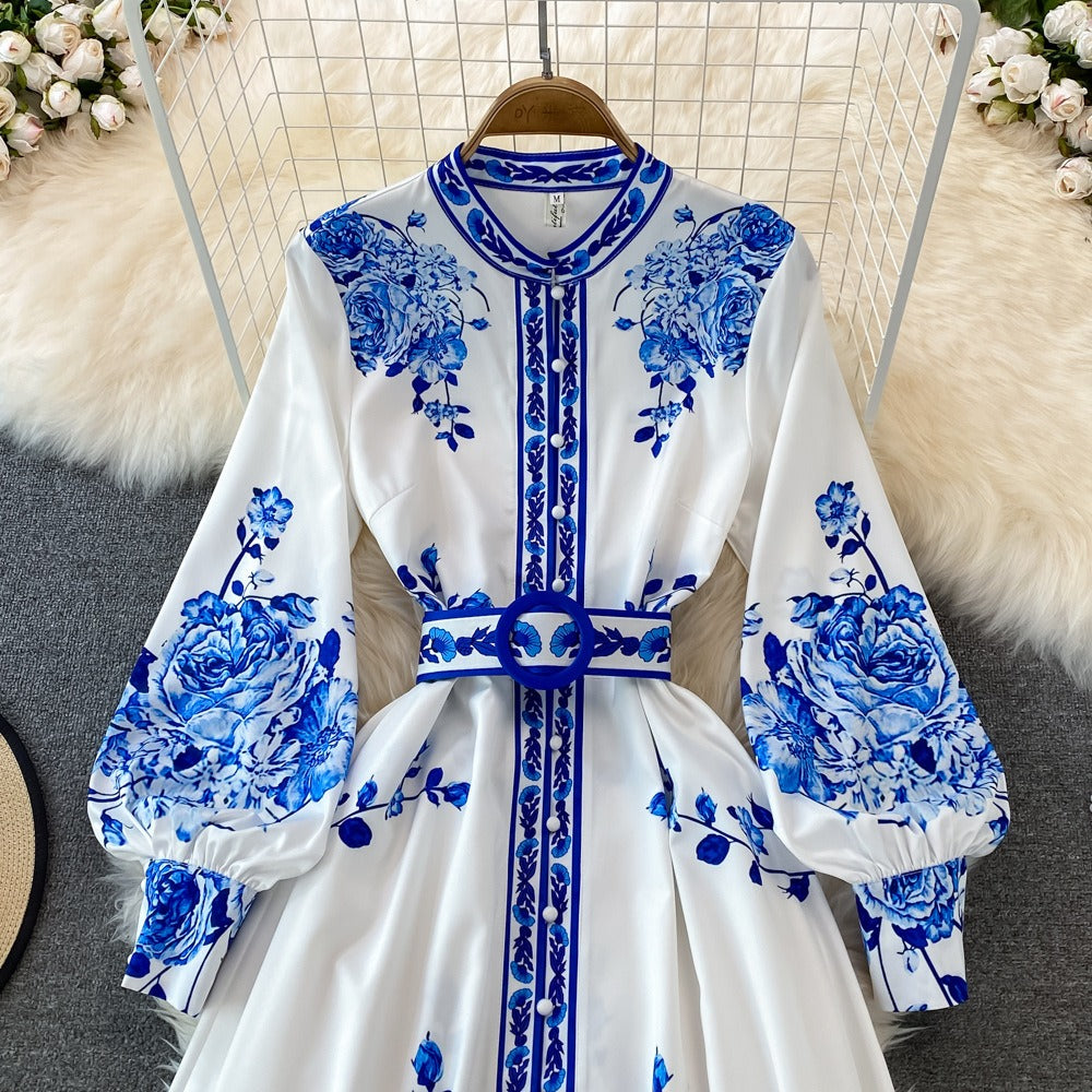 Blue and white porcelain printed standing collar single breasted formal dress with large hem long skirt